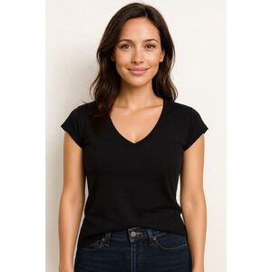 Women's Short Sleeve Plunge Neck Fitted Top – Black – Size L – NWT – PinkmStyle